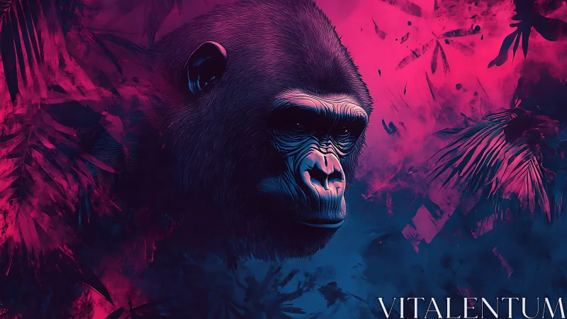 Neon-lit gorilla portrait emerges from abstract jungle glow.