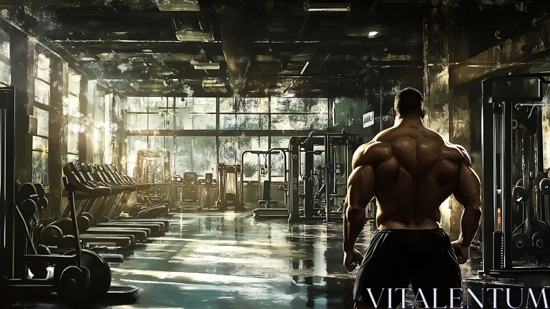 Bodybuilder observing empty industrial style weight gym.
