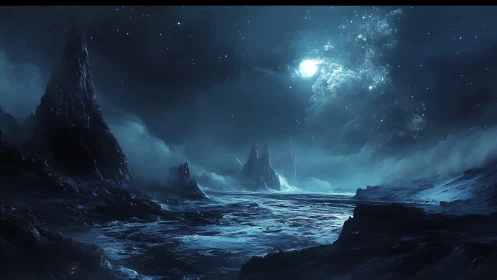 Moonlit alien seascape shows jagged spires and rough surf