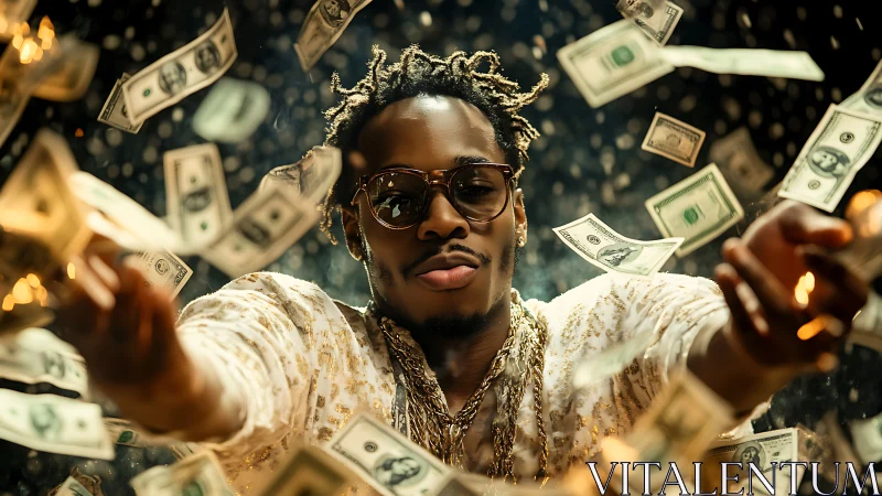 Stylish man surrounded by flying US dollar banknotes.