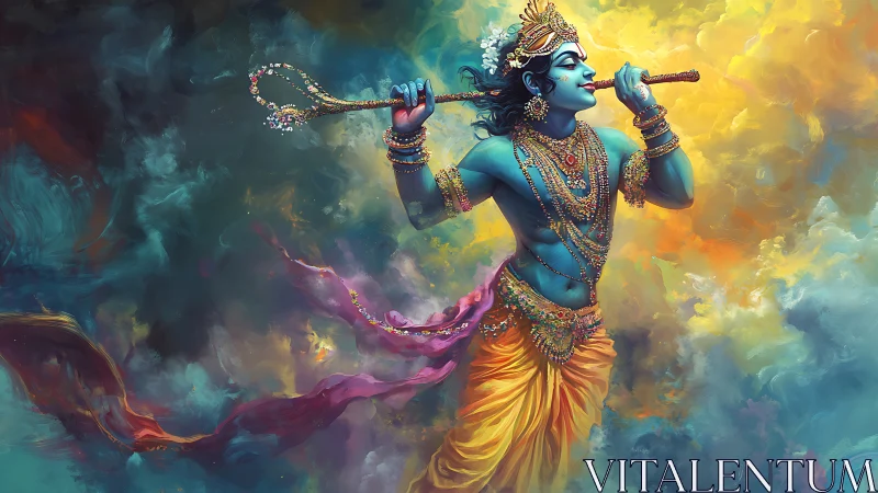 Celestial blue flutist ripples melodies through painted clouds