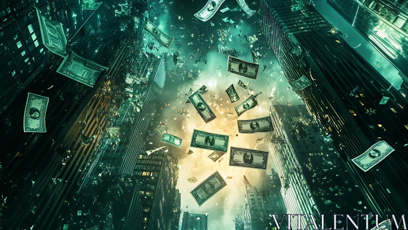Gravity-defying money storm over neon canyons of commerce.