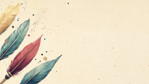 Colorful quill feathers line left edge of light paper background