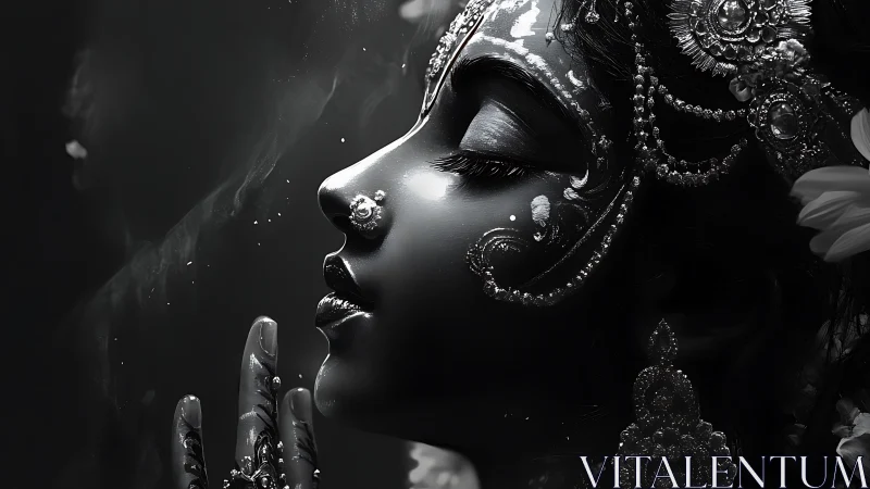 Side profile portrait of ornate woman in monochrome render