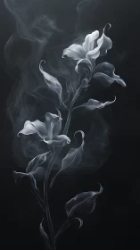 Monochrome smoke flower illustration on dark background.