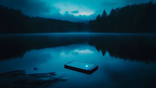 Nocturnal smartphone adrift in minimalist blue landscape study.