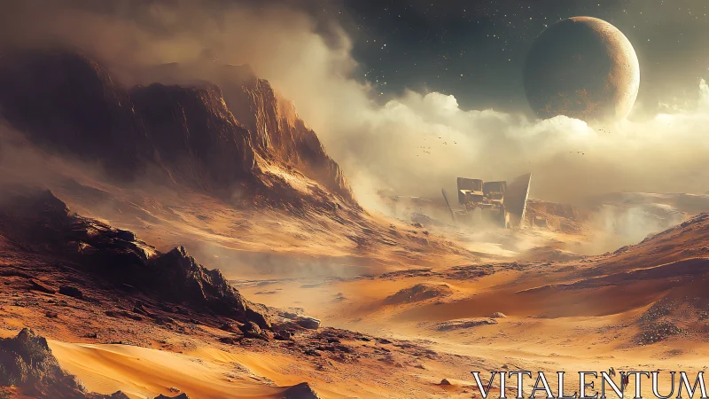 Desolate alien desert with colossal ruins under looming planet.