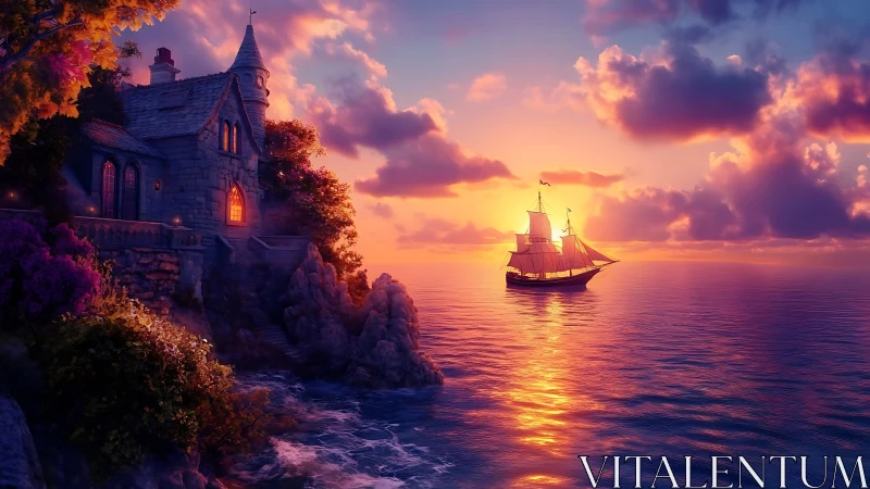 Castle on rocky coastline with sailing vessel at sunset