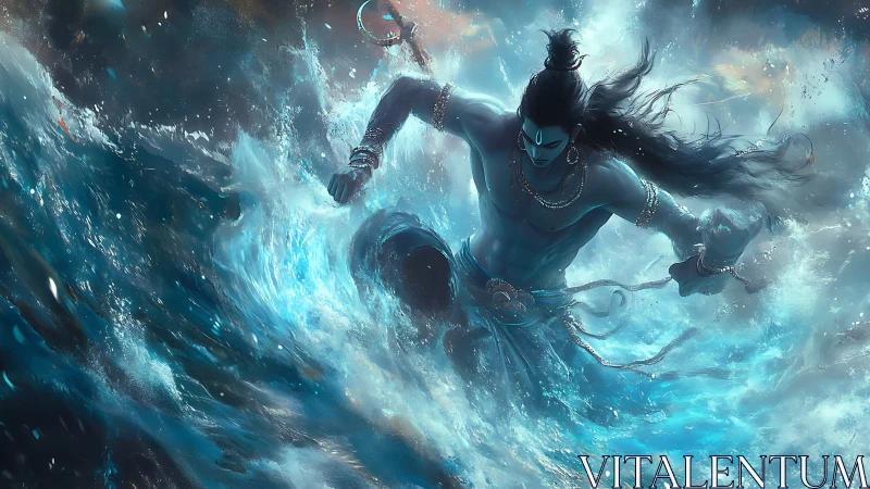 Storm-dancing deity carving luminous paths through ocean fury.