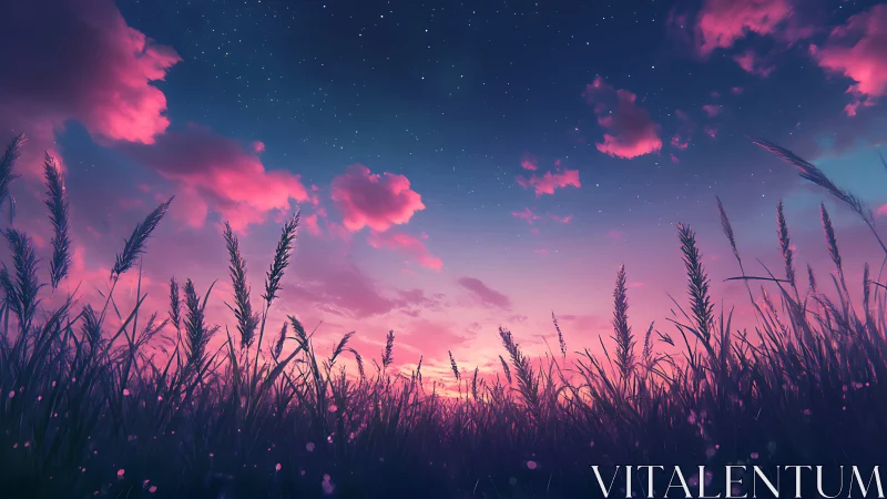 Starlit twilight meadow glows beneath vivid pink clouds