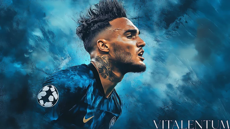 Dynamic footballer portrait against turbulent blue sky