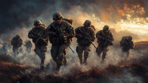 Stormlit squad surge through ember-tinted battlefield haze.