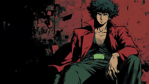 Brooding anime outlaw seated against distressed red wall.