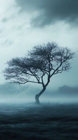 Solitary deciduous tree in misty blue hour moorland field