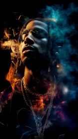 Portrait shrouded in fiery smoke and neon-tinted mystique.