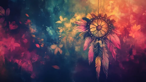 Dreamy feathered charm glowing in soft twilight colors.