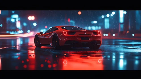 Red sports car in neon lit rainy city street at night.