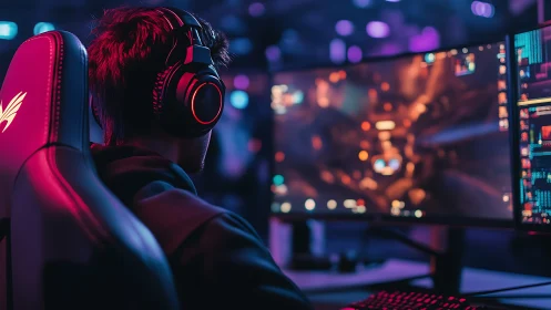 Esports gamer immersed in neon-lit dual-monitor battle scene.