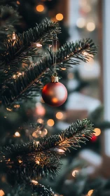 Shallow depth-of-field view isolates red ornament on lit tree