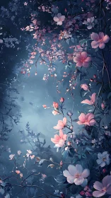 Pink blossoms cascade through twilight blue nocturnal garden.