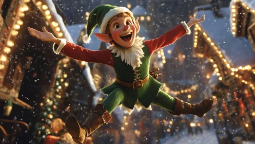 Joyful Christmas elf leaping through a glowing winter village.