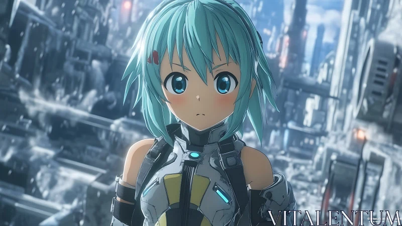 Soft-eyed space explorer pausing in a quiet sci fi city.