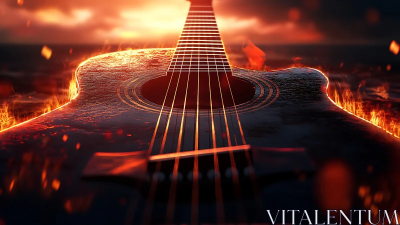Close-up guitar body with surrounding flames at sunset.