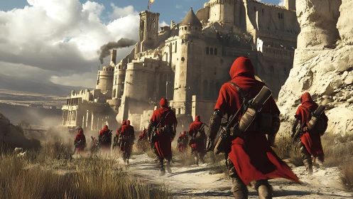 Red-cloaked vanguard approaching monumental desert citadel.