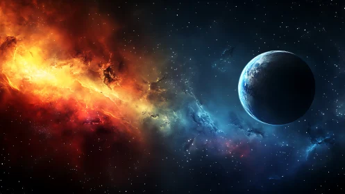 Planet silhouette beside bright nebular gas cloud in space.