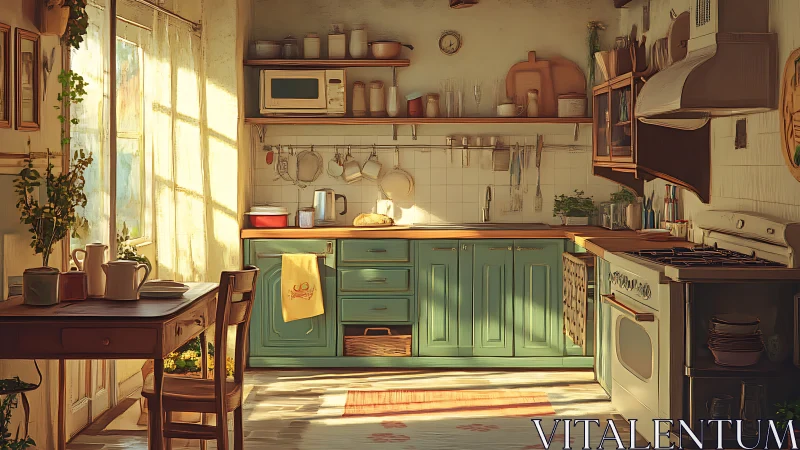 Sunlit rustic kitchen interior in warm digital painting style.