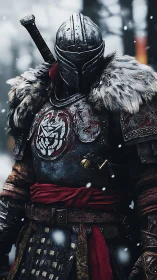 Winter knight in fur-trimmed armor under falling snow.