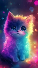 Neon Luminescent Kitten in Vibrant Rainbow Gradient Light.