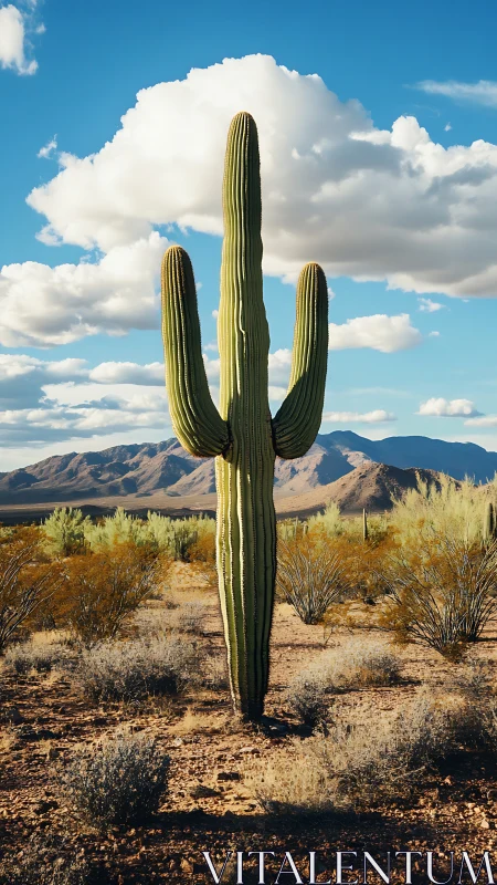 Desert saguaro stands tall beneath drifting cotton clouds.