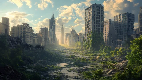 Sunlit post-apocalyptic city canyon with overgrown riverbed ruins