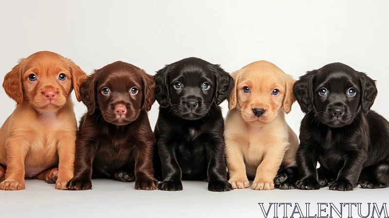 Row of five puppies sitting against neutral studio backdrop.