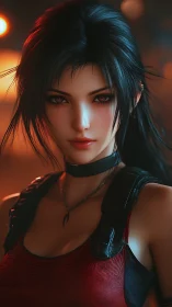 Ember-eyed rogue heroine beneath neon city embers.