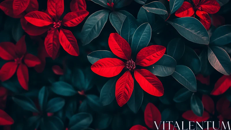Macro close-up of red tropical foliage with teal-toned leaves