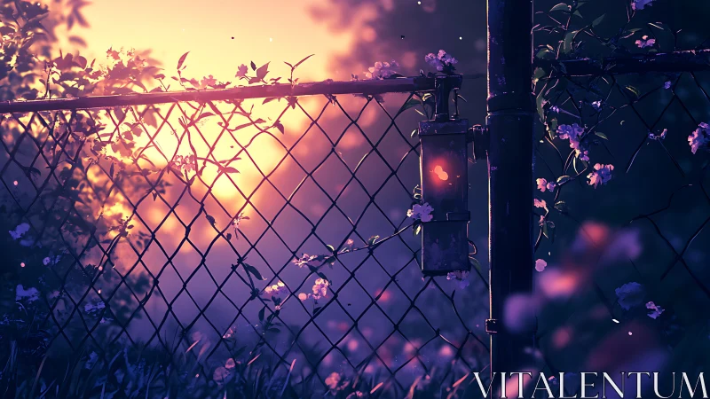 Sunlit chain link fence with flowers and soft glowing dusk