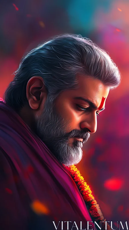 Reverent elder in ember-lit silence, wrapped in crimson calm.