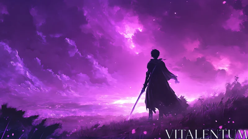 Silhouetted swordsman stands before glowing violet horizon