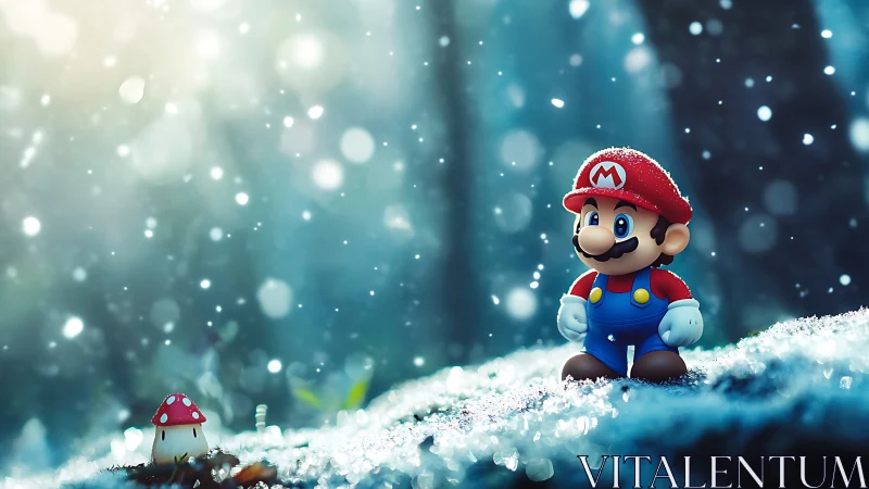 Toy plumber hero explores dreamy snowy forest glade at dawn
