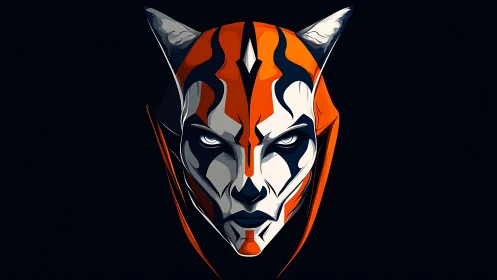 Stylized feline mask portrait uses sharp neon contrast lighting