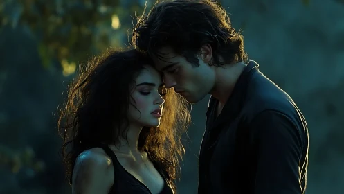 Two figures in golden light against teal background.