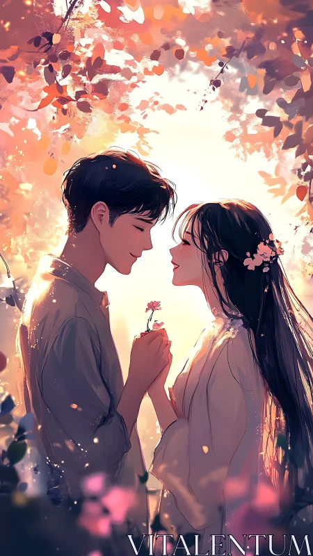 Sun-dappled lovers trading a single flower’s quiet promise.