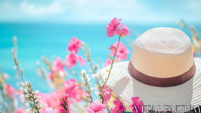 Straw Hat Amid Pink Flowers Overlooking Turquoise Sea.