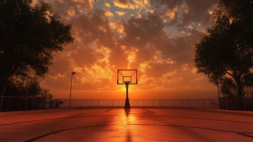Outdoor court backboard aligns with low sun near horizon