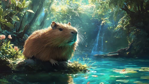 Capybara on mossy rock beside turquoise forest waterfall pool