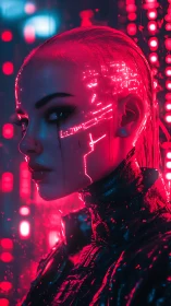 Cybernetic female portrait in neon-lit digital environment.