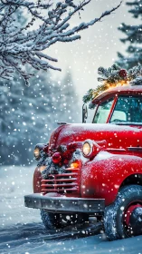 Red vintage truck in snowy winter landscape with pine decor.