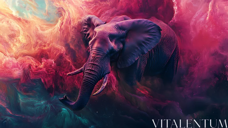 Cosmic elephant drifting through swirling nebula dreams.